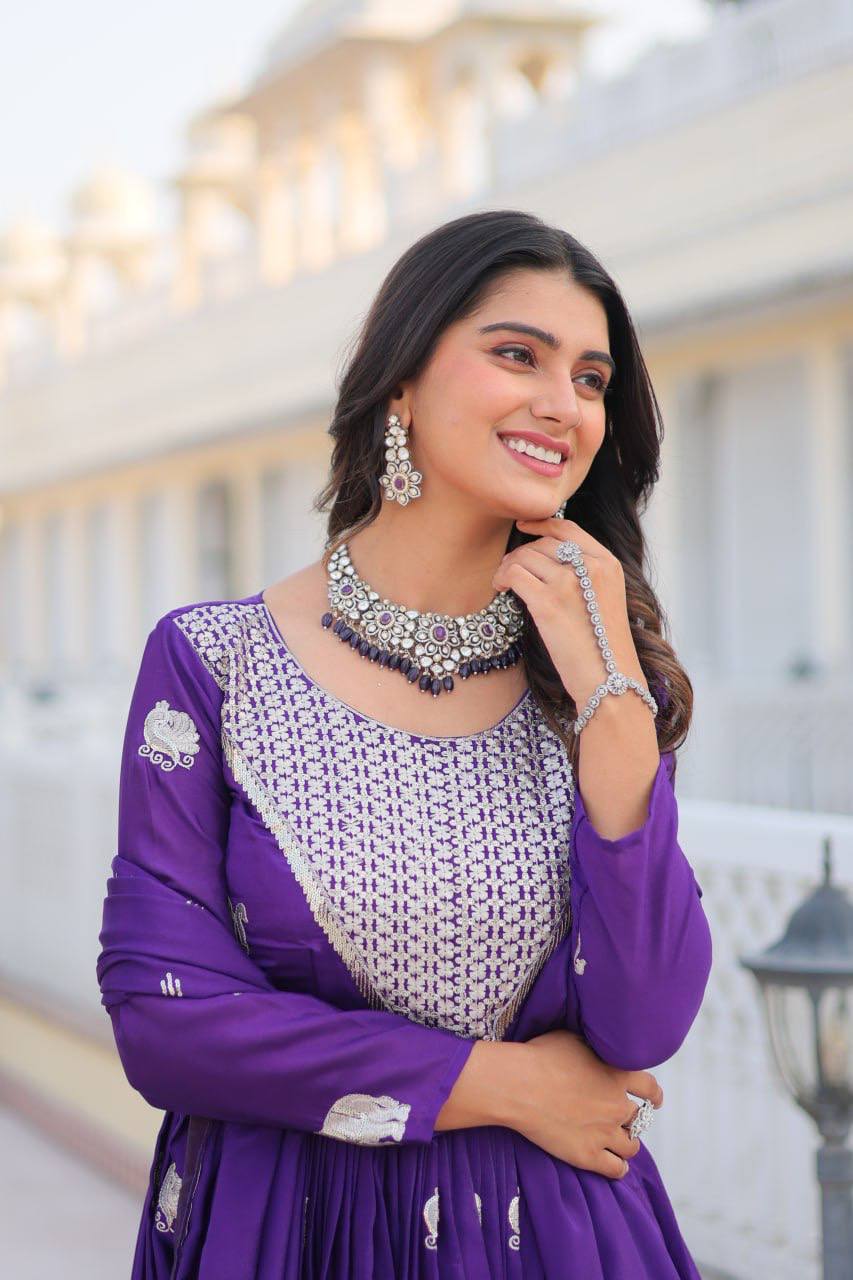 Pure Chinon Embroidered Gown with Heavy Sequin Work and Lace Border Dupatta - ETHNICDEAL