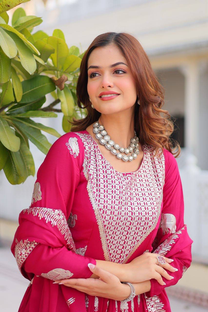 Pure Chinon Embroidered Gown with Heavy Sequin Work and Lace Border Dupatta - ETHNICDEAL