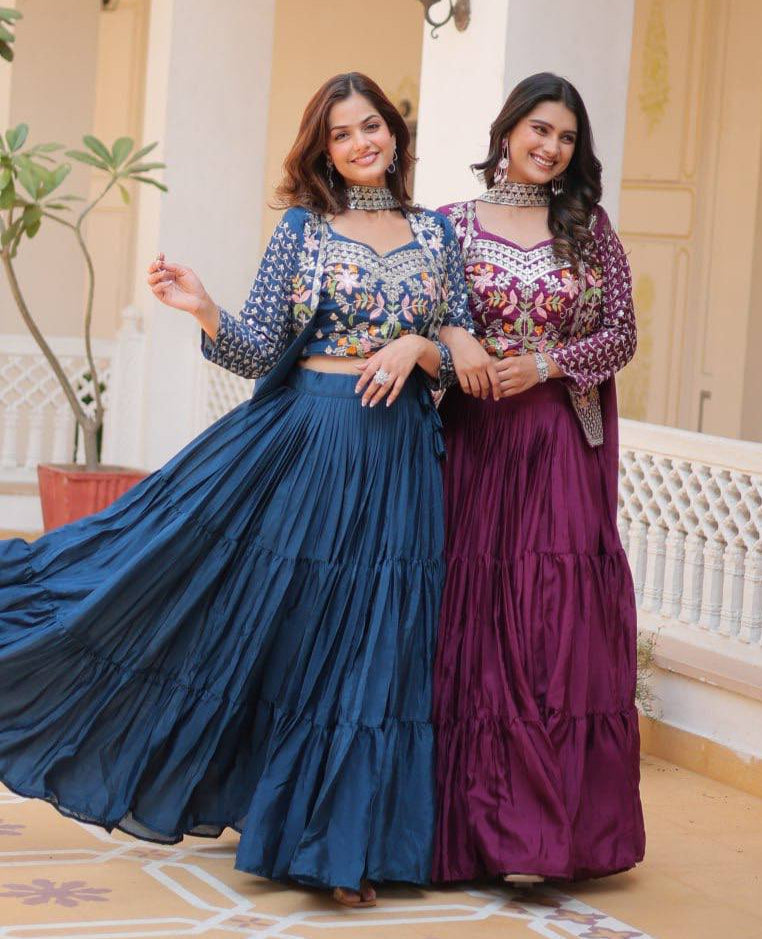 Pure Chinon Embroidered Lehenga Choli with Koti and Matching Dupatta - ETHNICDEAL