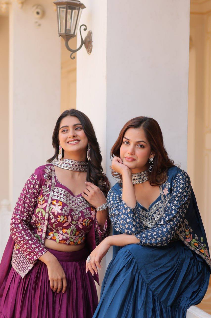 Pure Chinon Embroidered Lehenga Choli with Koti and Matching Dupatta - ETHNICDEAL