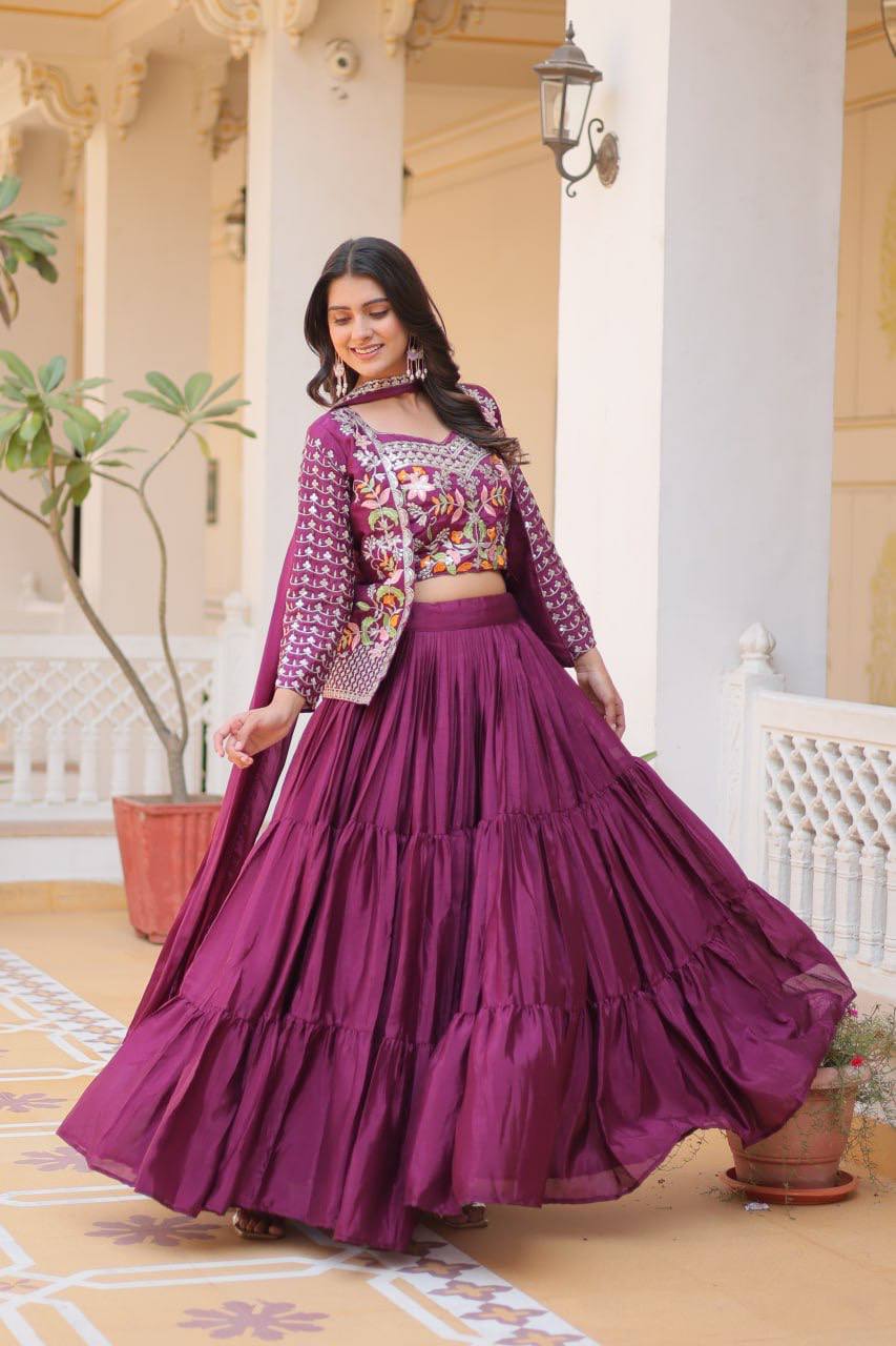 Pure Chinon Embroidered Lehenga Choli with Koti and Matching Dupatta - ETHNICDEAL