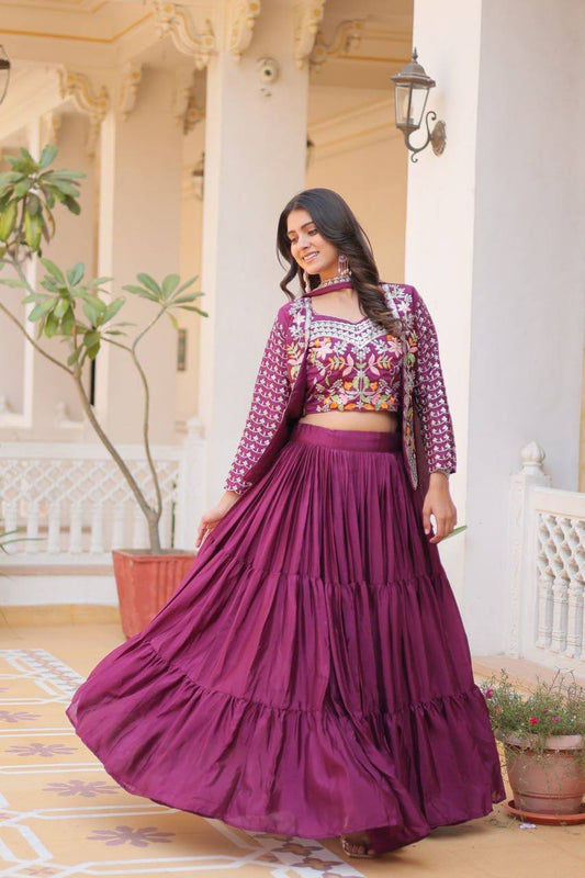 Pure Chinon Embroidered Lehenga Choli with Koti and Matching Dupatta - ETHNICDEAL