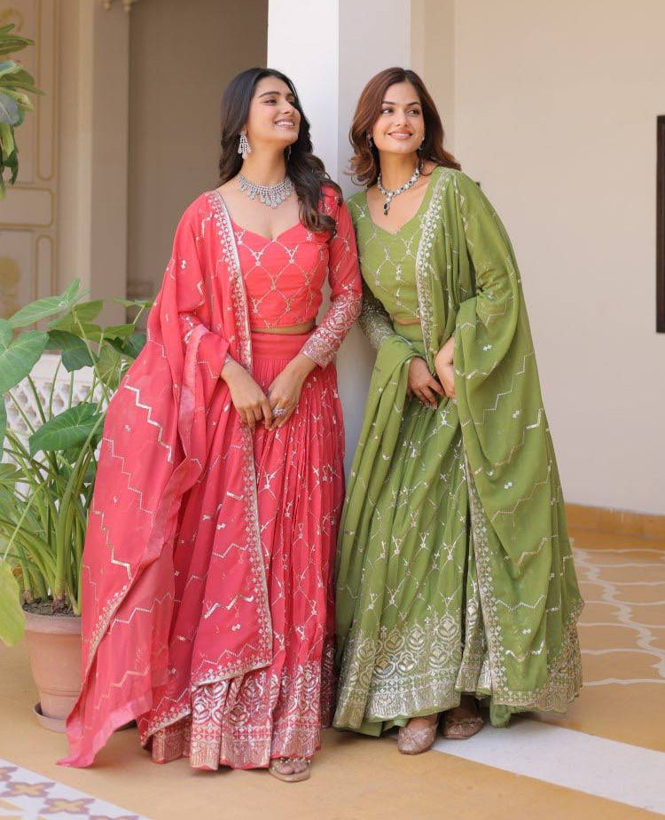 Alluring Faux Georgette Sequins Embroidered Lehenga Choli Set - ETHNICDEAL