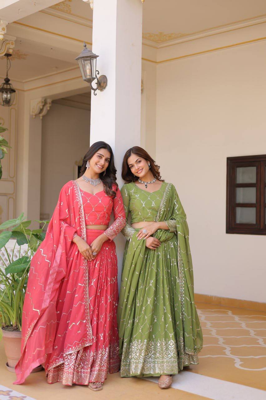 Alluring Faux Georgette Sequins Embroidered Lehenga Choli Set - ETHNICDEAL