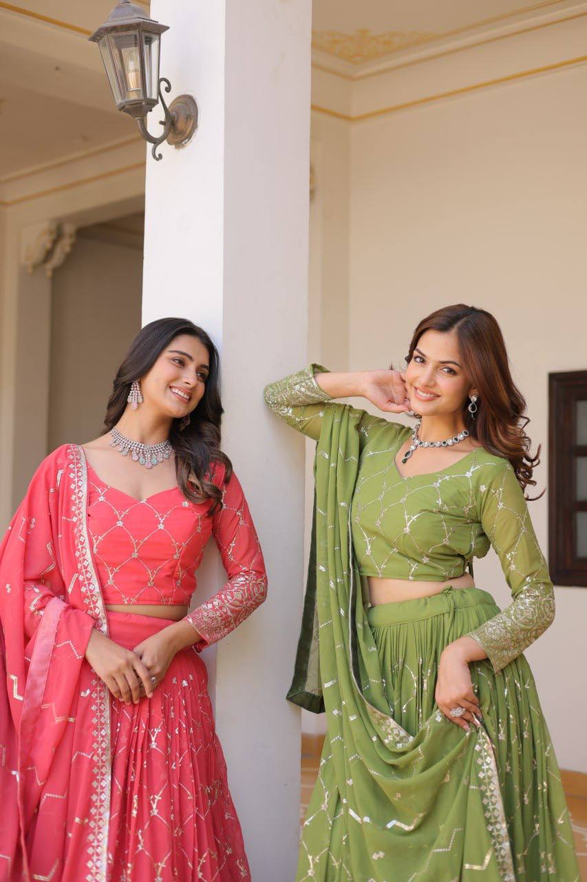 Alluring Faux Georgette Sequins Embroidered Lehenga Choli Set - ETHNICDEAL