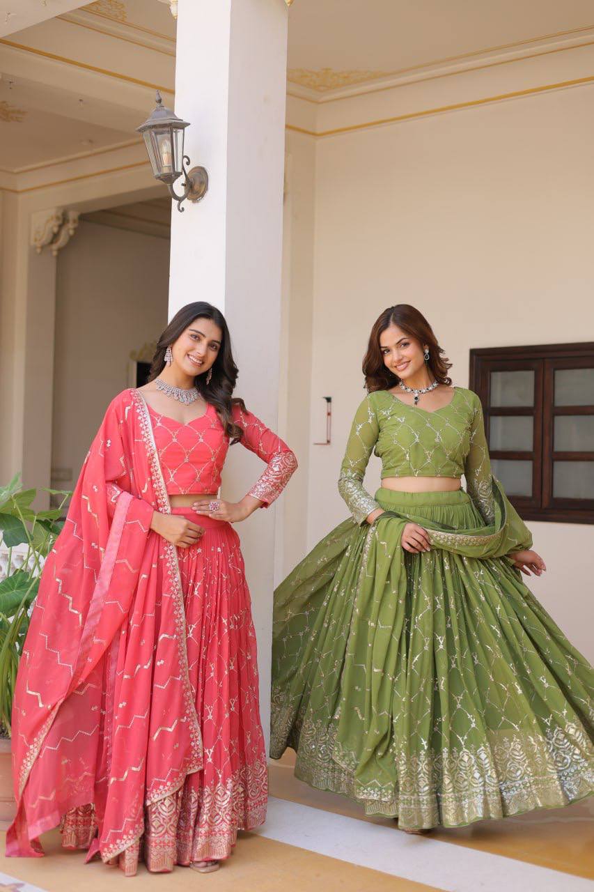 Alluring Faux Georgette Sequins Embroidered Lehenga Choli Set - ETHNICDEAL