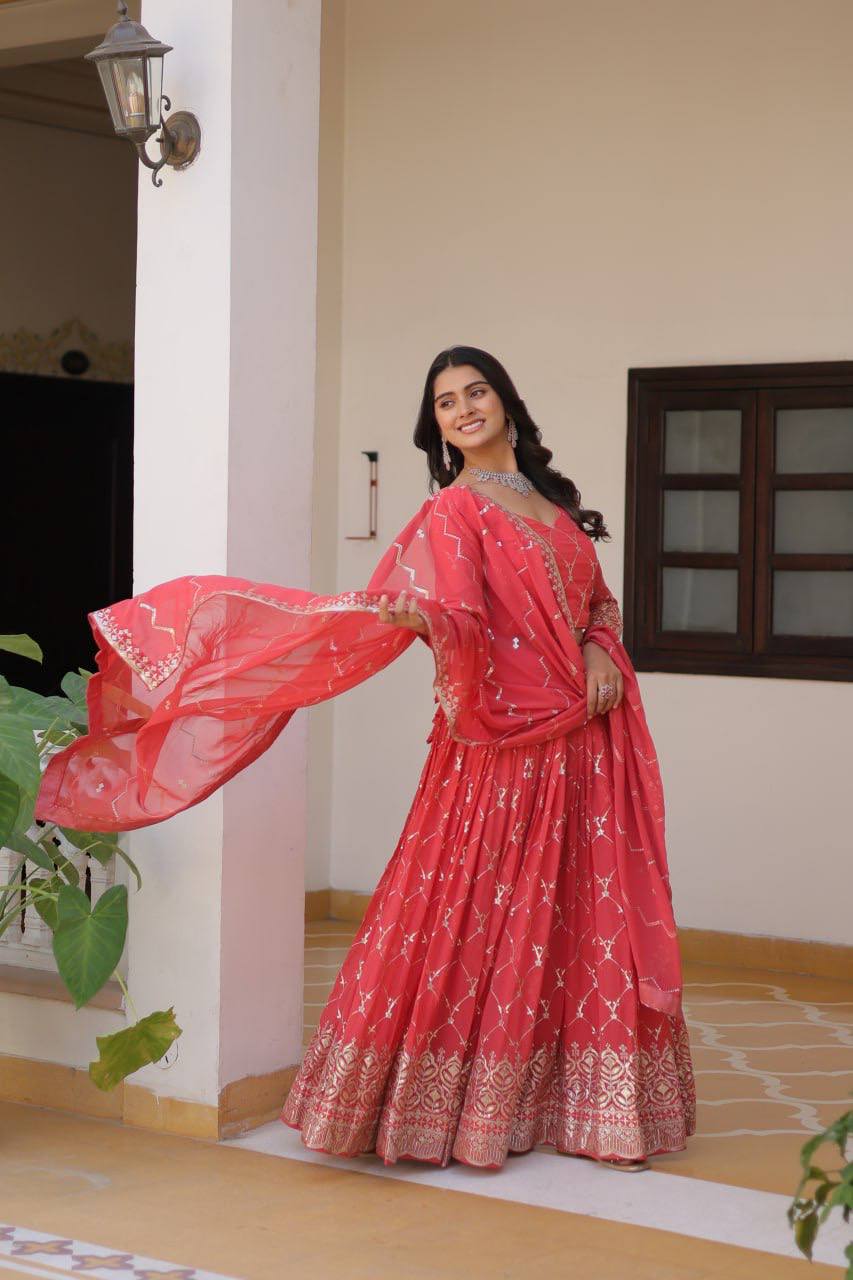 Alluring Faux Georgette Sequins Embroidered Lehenga Choli Set - ETHNICDEAL