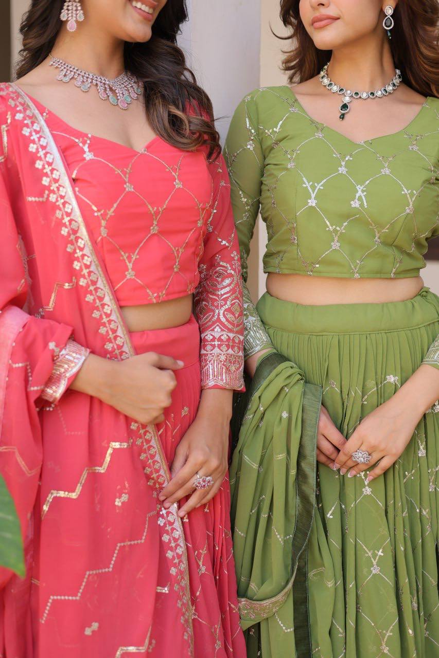 Alluring Faux Georgette Sequins Embroidered Lehenga Choli Set - ETHNICDEAL