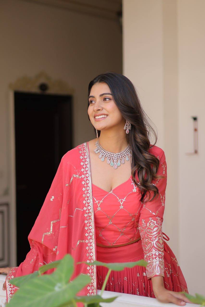 Alluring Faux Georgette Sequins Embroidered Lehenga Choli Set - ETHNICDEAL