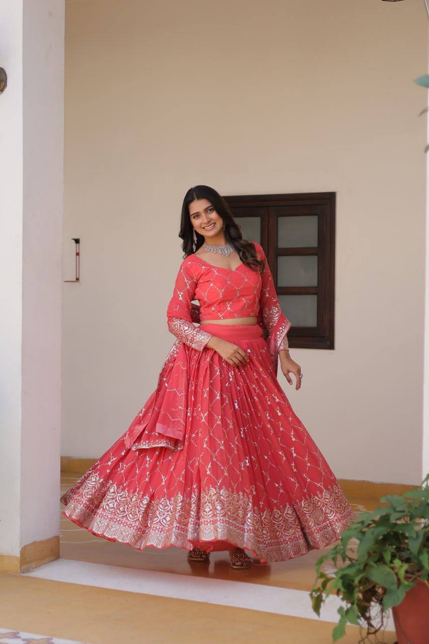 Alluring Faux Georgette Sequins Embroidered Lehenga Choli Set - ETHNICDEAL