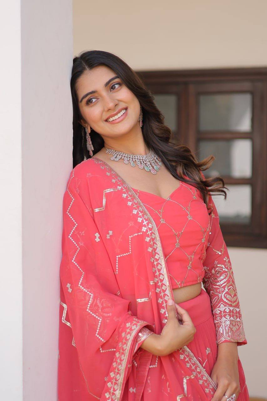 Alluring Faux Georgette Sequins Embroidered Lehenga Choli Set - ETHNICDEAL