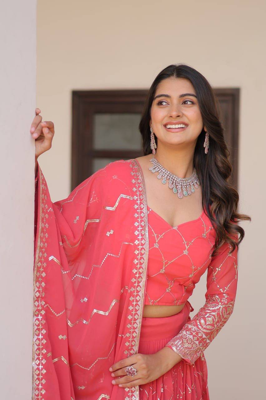 Alluring Faux Georgette Sequins Embroidered Lehenga Choli Set - ETHNICDEAL