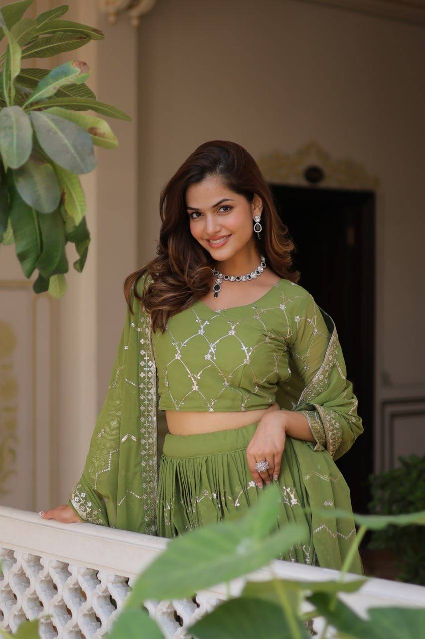 Alluring Faux Georgette Sequins Embroidered Lehenga Choli Set - ETHNICDEAL