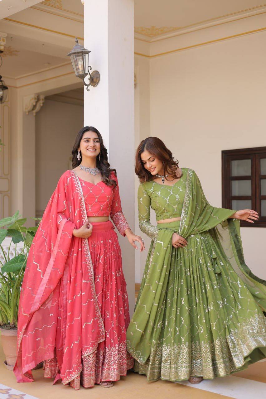 Alluring Faux Georgette Sequins Embroidered Lehenga Choli Set - ETHNICDEAL