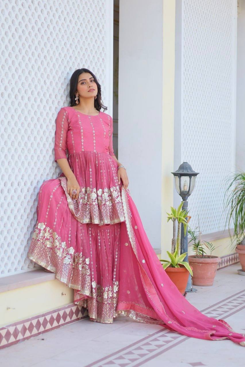 Elegant Pure Simmar Sharara Set with Heavy 3mm Sequence Embroidery Work - ETHNICDEAL