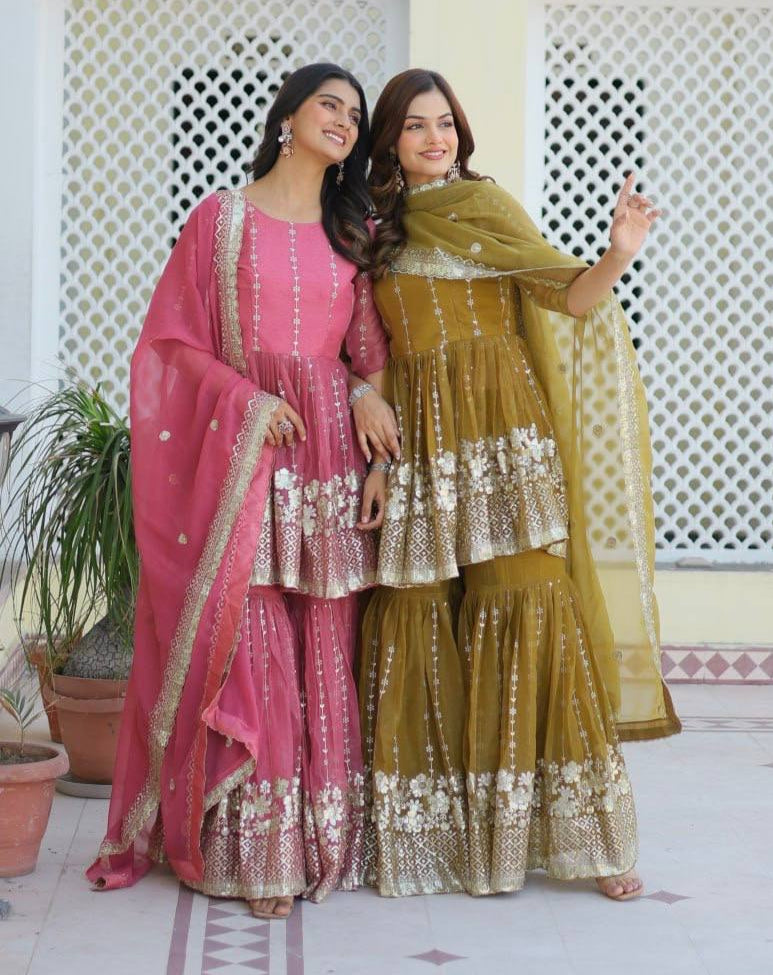 Elegant Pure Simmar Sharara Set with Heavy 3mm Sequence Embroidery Work - ETHNICDEAL