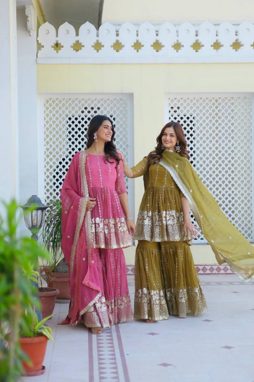 Elegant Pure Simmar Sharara Set with Heavy 3mm Sequence Embroidery Work - ETHNICDEAL