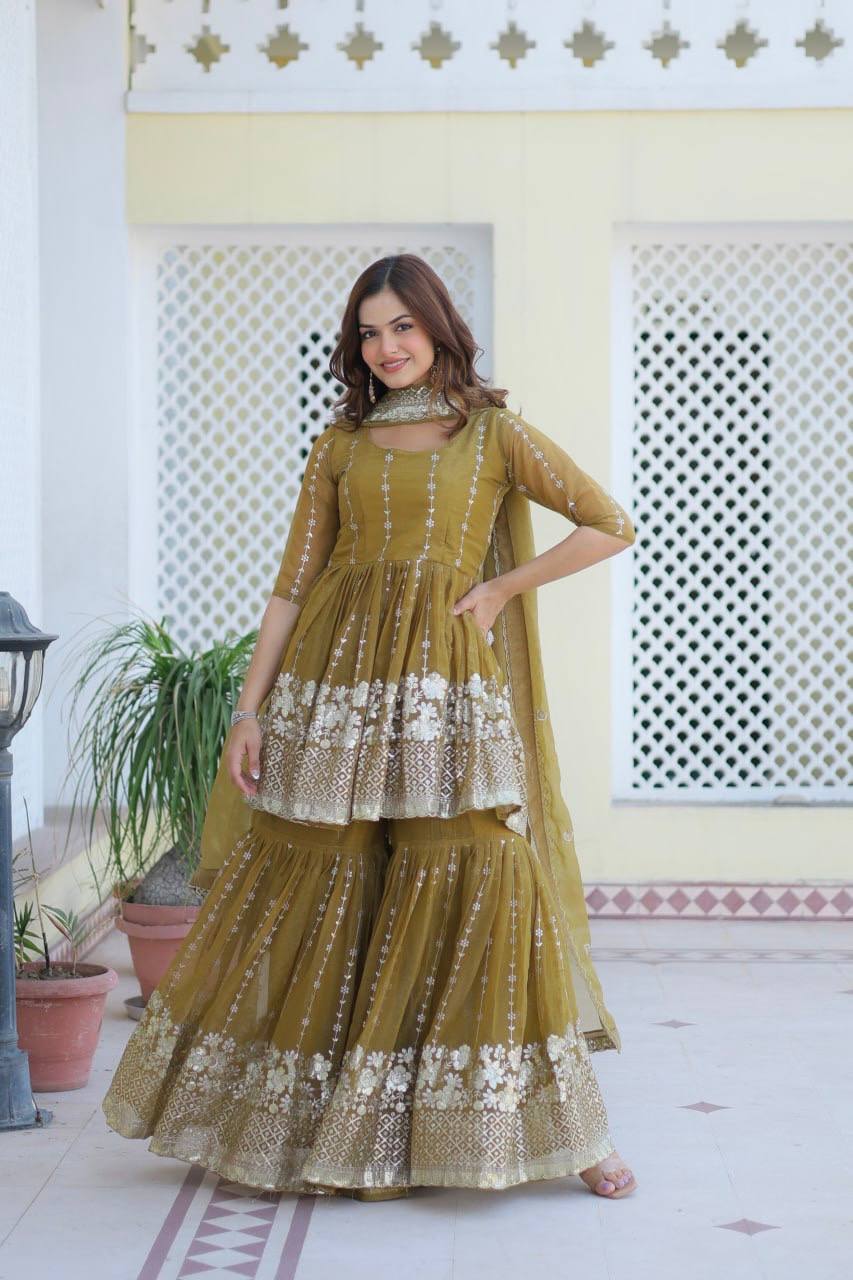 Elegant Pure Simmar Sharara Set with Heavy 3mm Sequence Embroidery Work - ETHNICDEAL