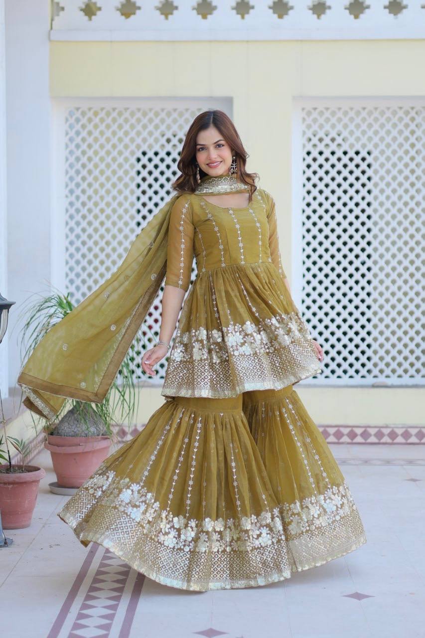 Elegant Pure Simmar Sharara Set with Heavy 3mm Sequence Embroidery Work - ETHNICDEAL