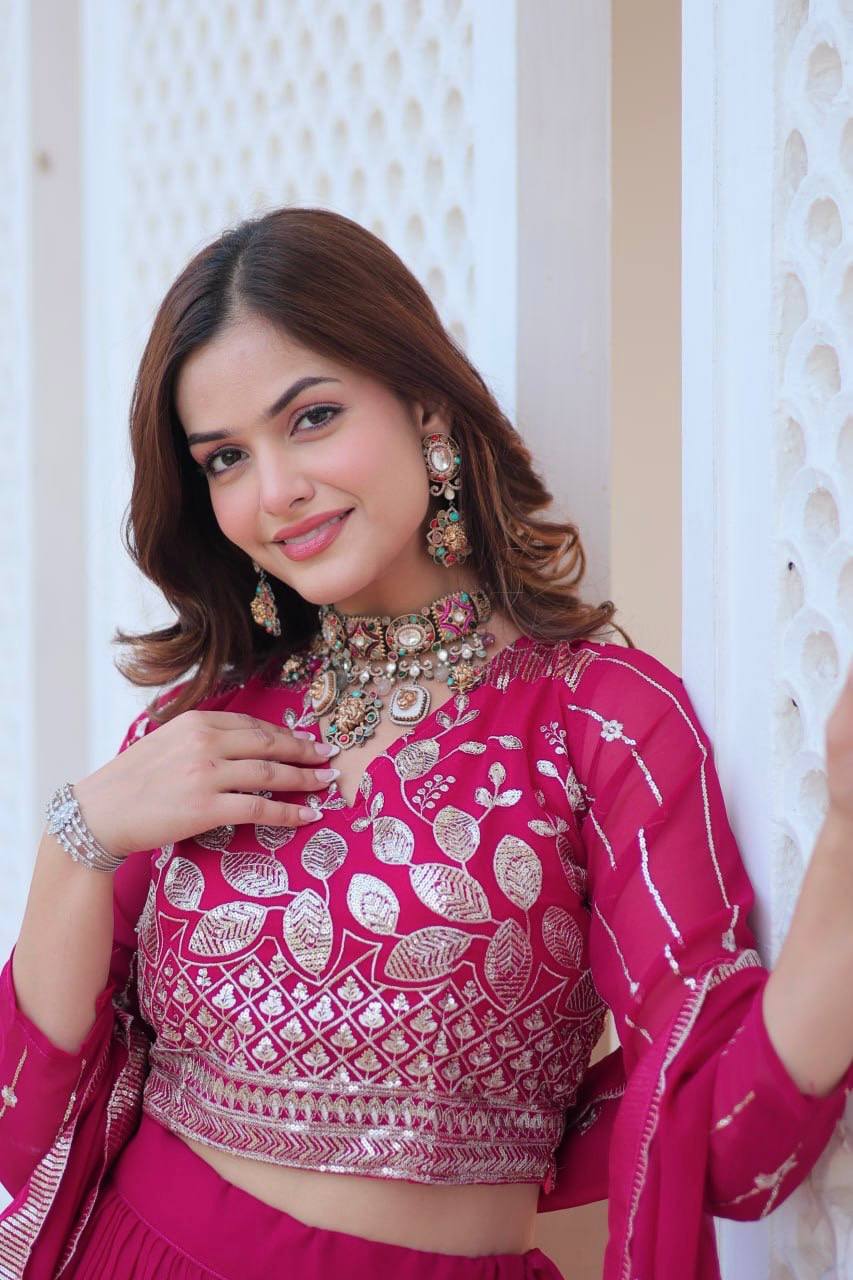 Elegant Heavy Faux Georgette Lehenga Choli Set With Embroidery Sequence Work - ETHNICDEAL