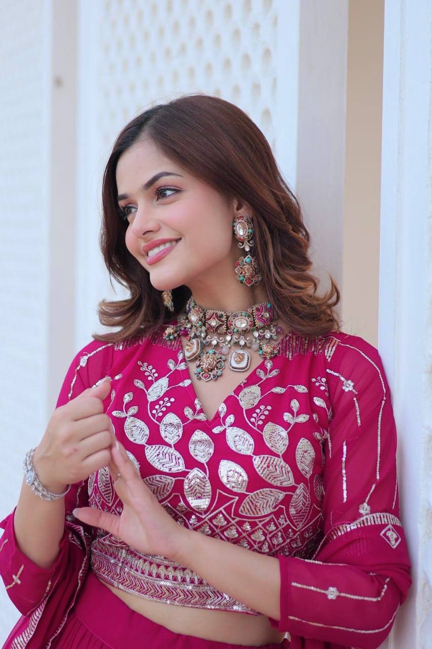 Elegant Heavy Faux Georgette Lehenga Choli Set With Embroidery Sequence Work - ETHNICDEAL