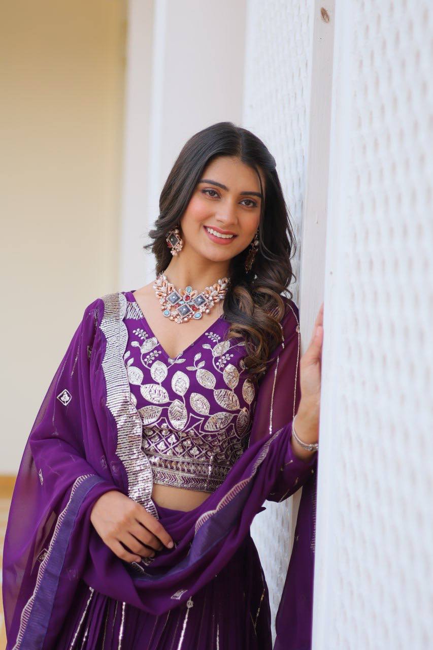 Elegant Heavy Faux Georgette Lehenga Choli Set With Embroidery Sequence Work - ETHNICDEAL