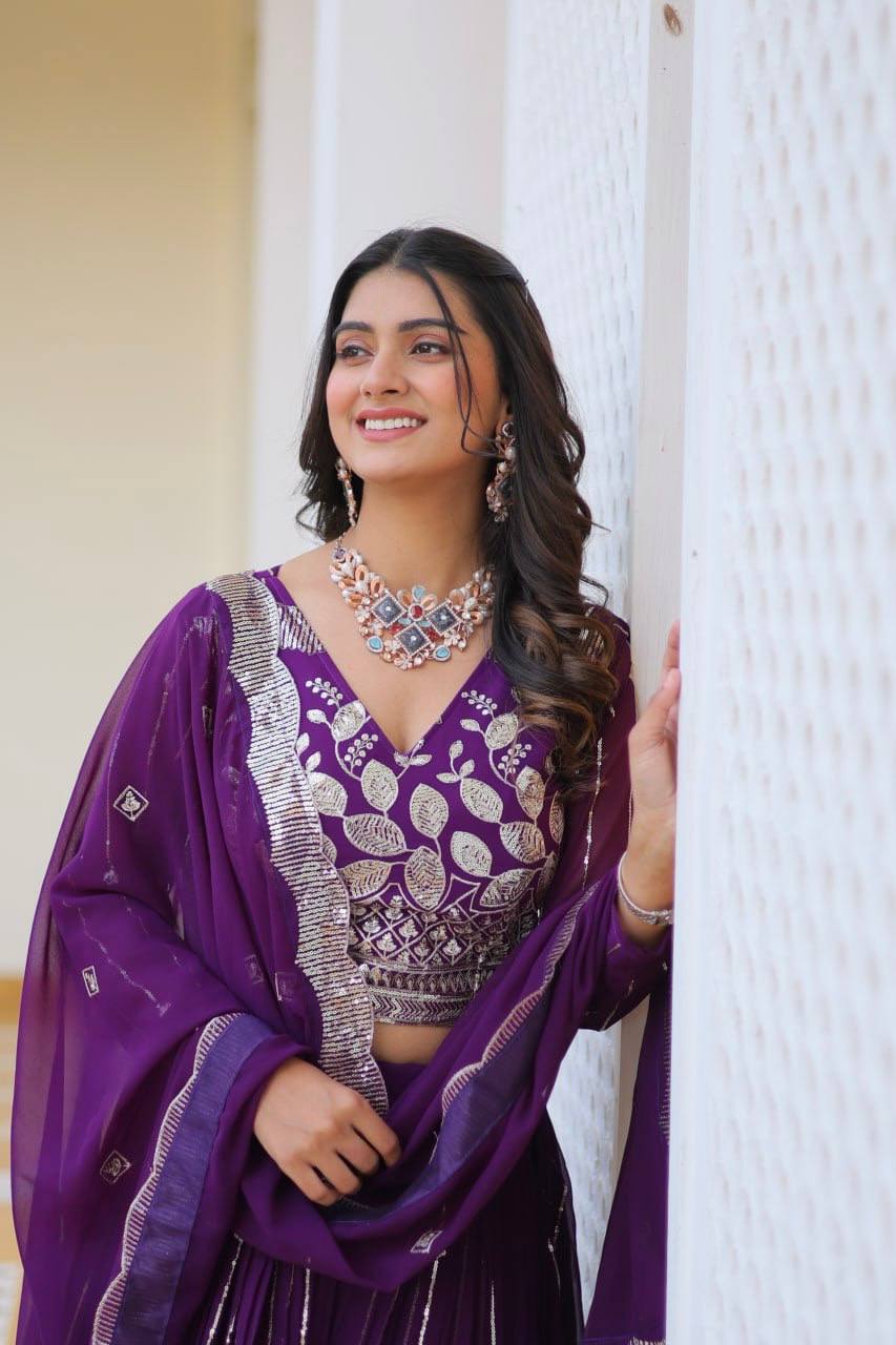 Elegant Heavy Faux Georgette Lehenga Choli Set With Embroidery Sequence Work - ETHNICDEAL