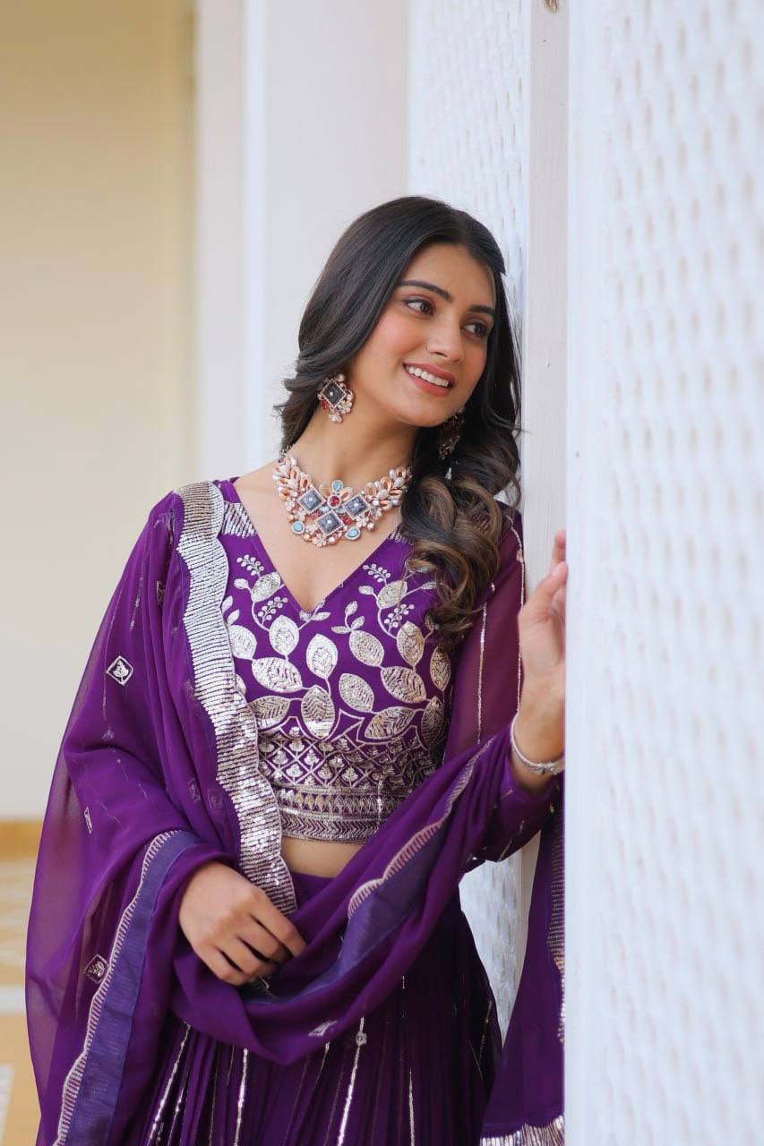 Elegant Heavy Faux Georgette Lehenga Choli Set With Embroidery Sequence Work - ETHNICDEAL