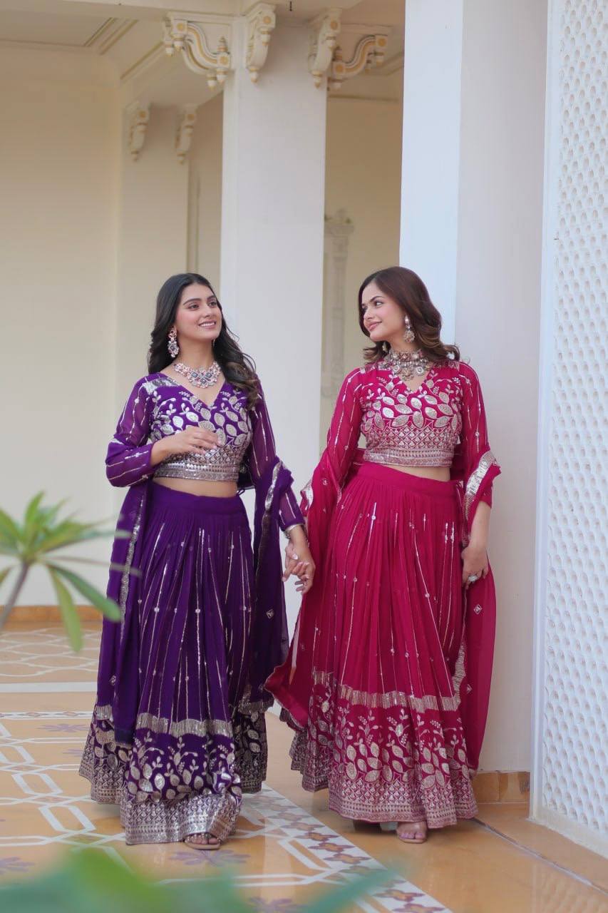 Elegant Heavy Faux Georgette Lehenga Choli Set With Embroidery Sequence Work - ETHNICDEAL