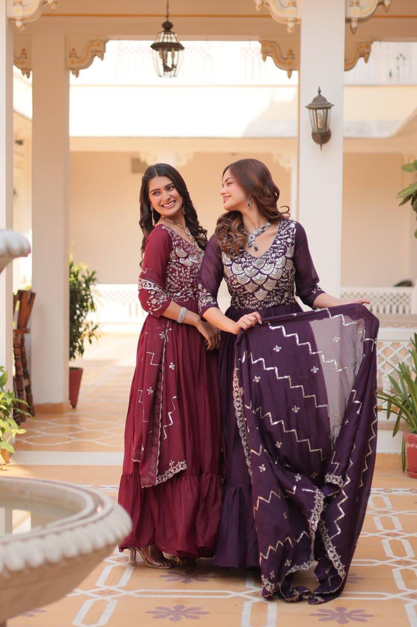 Spectacular Pure Star Georgette Heavy Embroidered Gown With Dupatta - ETHNICDEAL