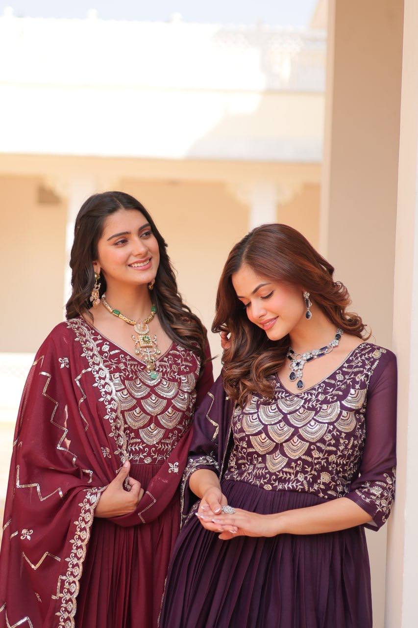 Spectacular Pure Star Georgette Heavy Embroidered Gown With Dupatta - ETHNICDEAL