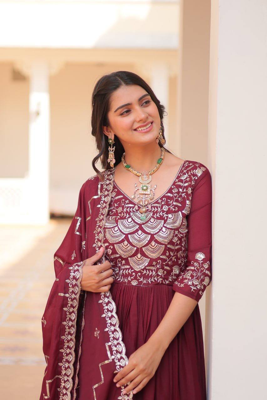 Spectacular Pure Star Georgette Heavy Embroidered Gown With Dupatta - ETHNICDEAL