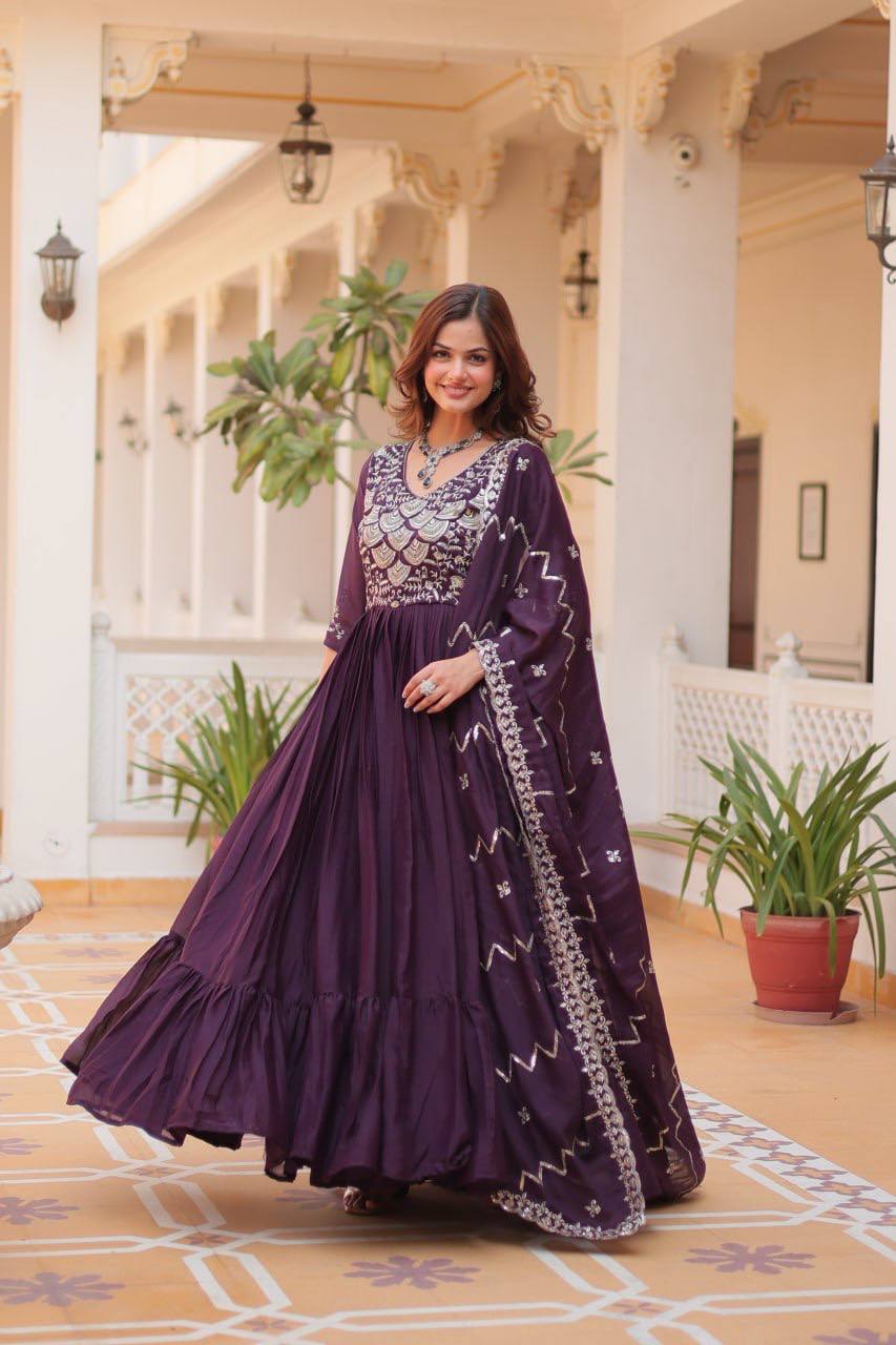 Spectacular Pure Star Georgette Heavy Embroidered Gown With Dupatta - ETHNICDEAL