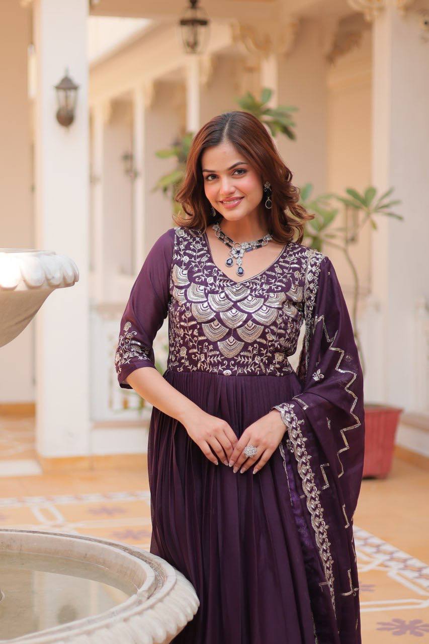 Spectacular Pure Star Georgette Heavy Embroidered Gown With Dupatta - ETHNICDEAL