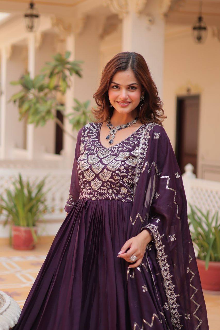 Spectacular Pure Star Georgette Heavy Embroidered Gown With Dupatta - ETHNICDEAL