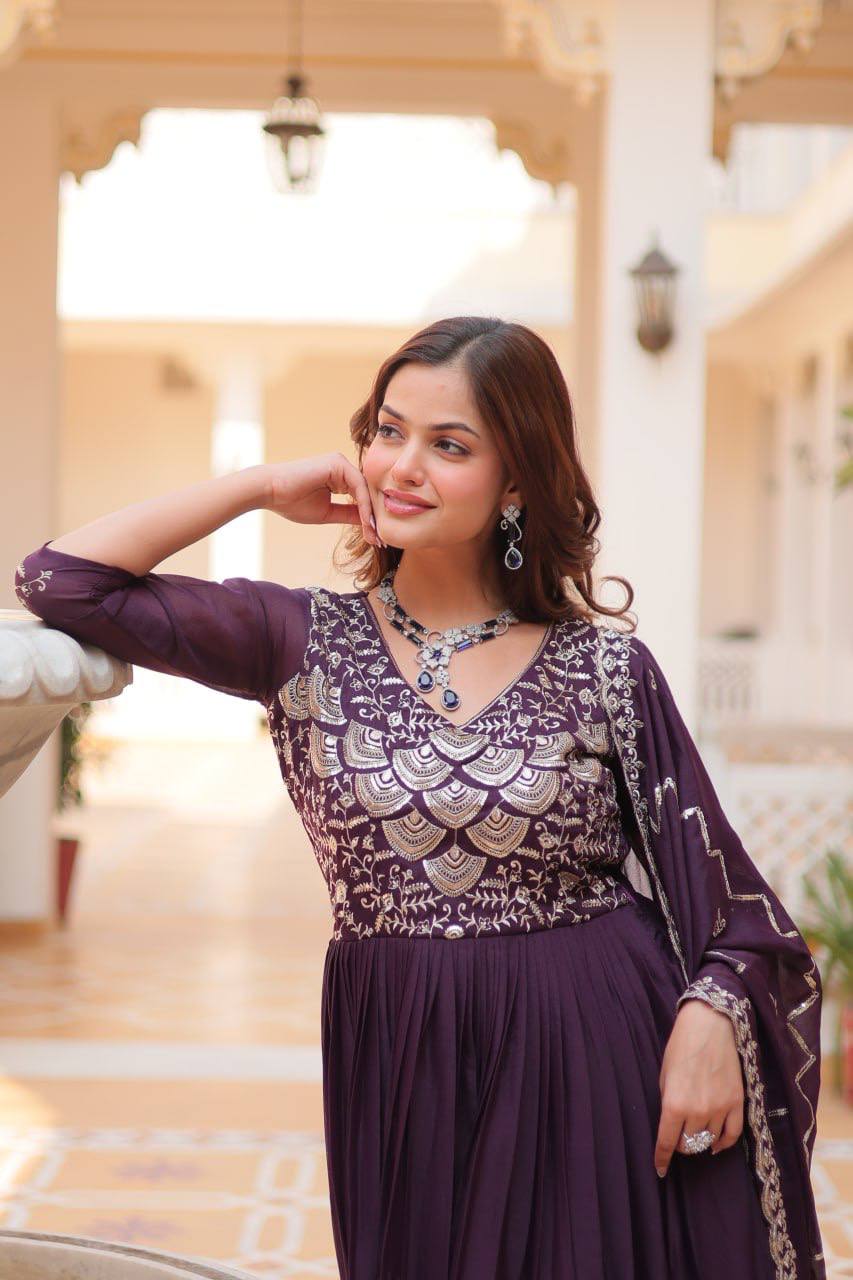 Spectacular Pure Star Georgette Heavy Embroidered Gown With Dupatta - ETHNICDEAL