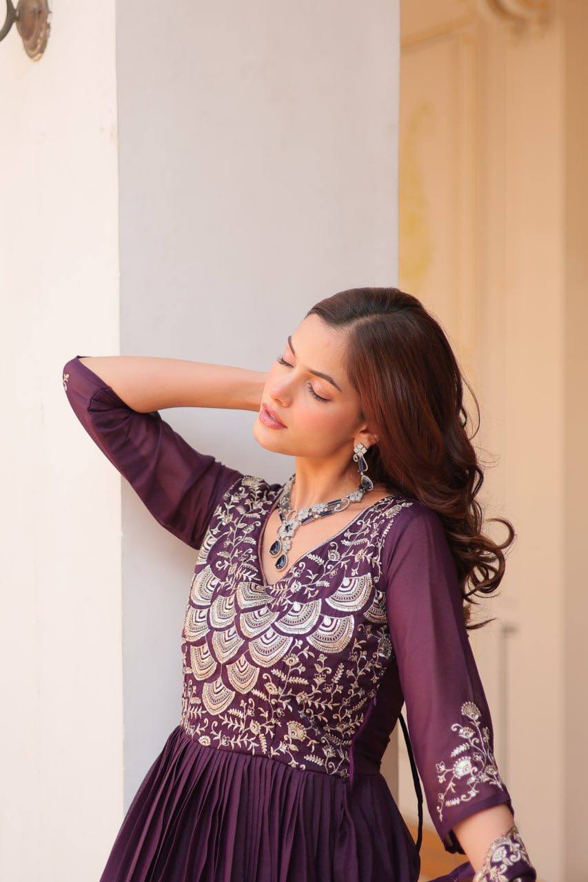 Spectacular Pure Star Georgette Heavy Embroidered Gown With Dupatta - ETHNICDEAL