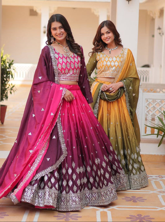 Pure Padding Chinon Sequins Embroidered Lehenga Choli With Dupatta - ETHNICDEAL