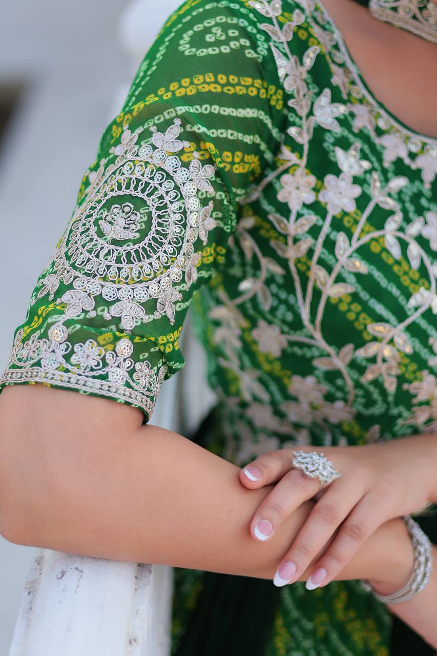 Pure Bandhej Faux Georgette Embroidered Gown Set With Dupatta - ETHNICDEAL