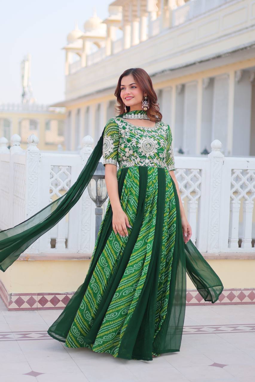 Pure Bandhej Faux Georgette Embroidered Gown Set With Dupatta - ETHNICDEAL