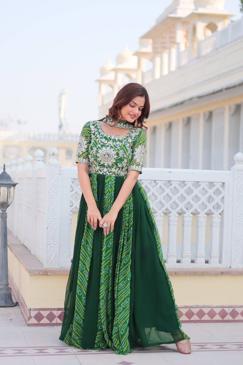 Pure Bandhej Faux Georgette Embroidered Gown Set With Dupatta - ETHNICDEAL