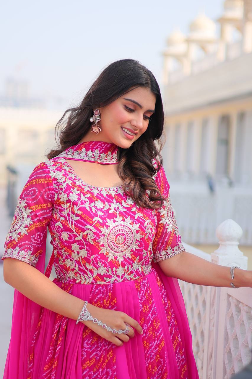 Pure Bandhej Faux Georgette Embroidered Gown Set With Dupatta - ETHNICDEAL