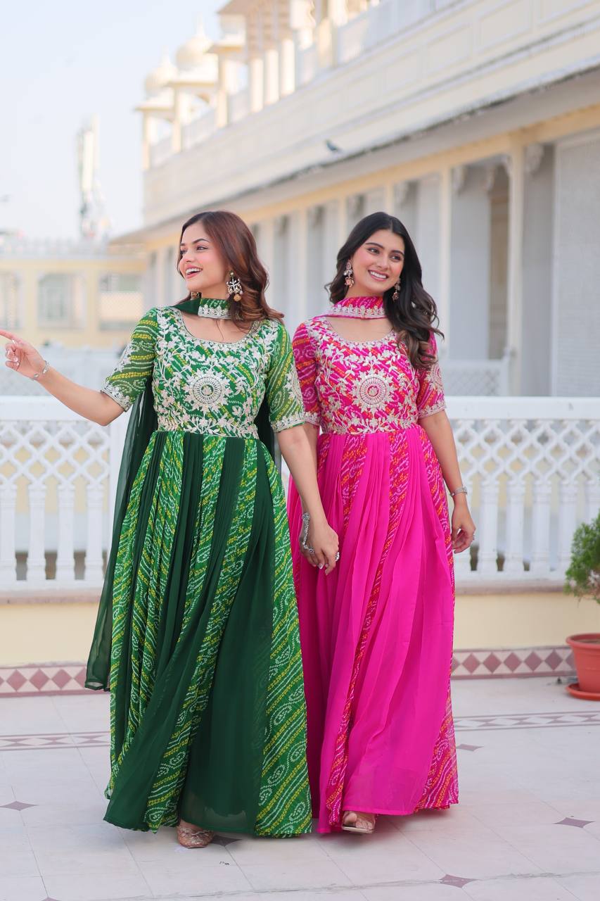 Pure Bandhej Faux Georgette Embroidered Gown Set With Dupatta - ETHNICDEAL