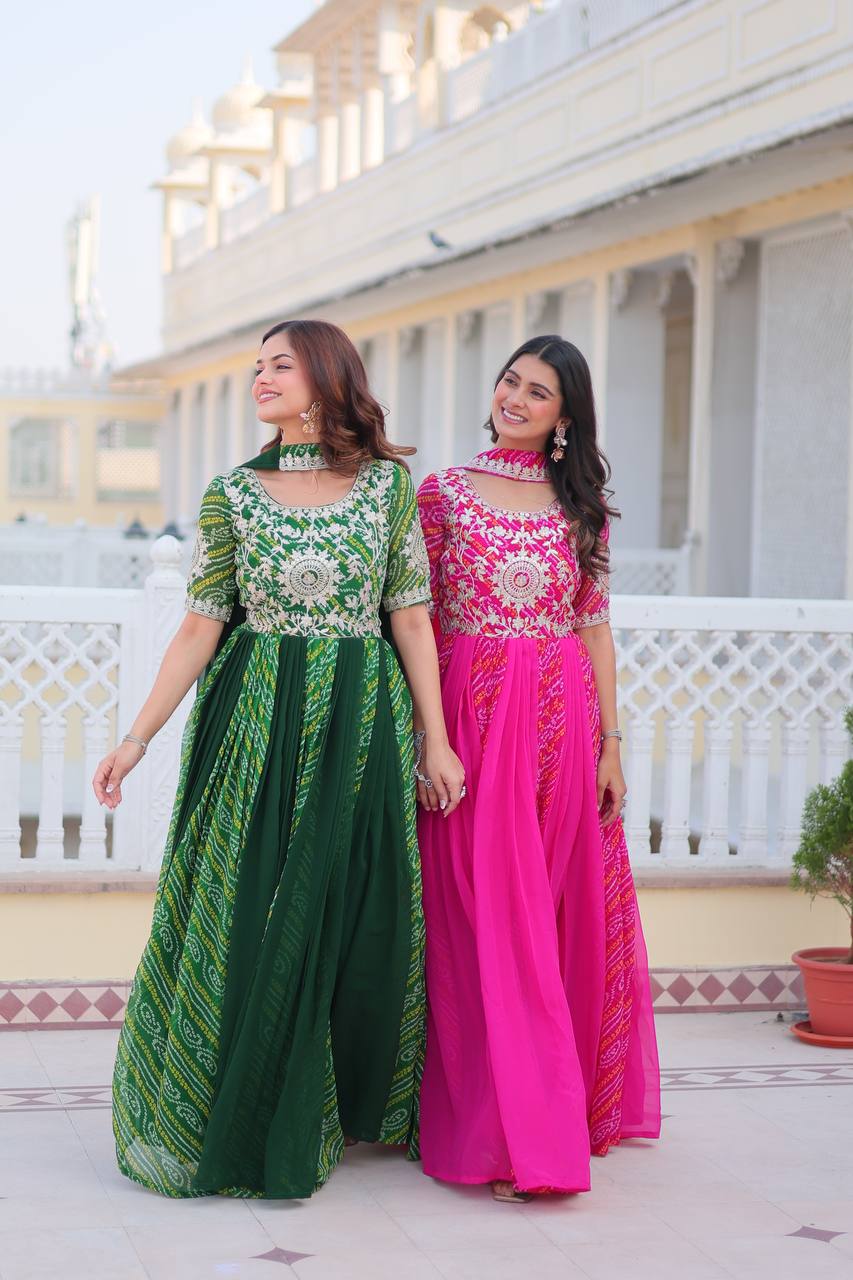 Pure Bandhej Faux Georgette Embroidered Gown Set With Dupatta - ETHNICDEAL