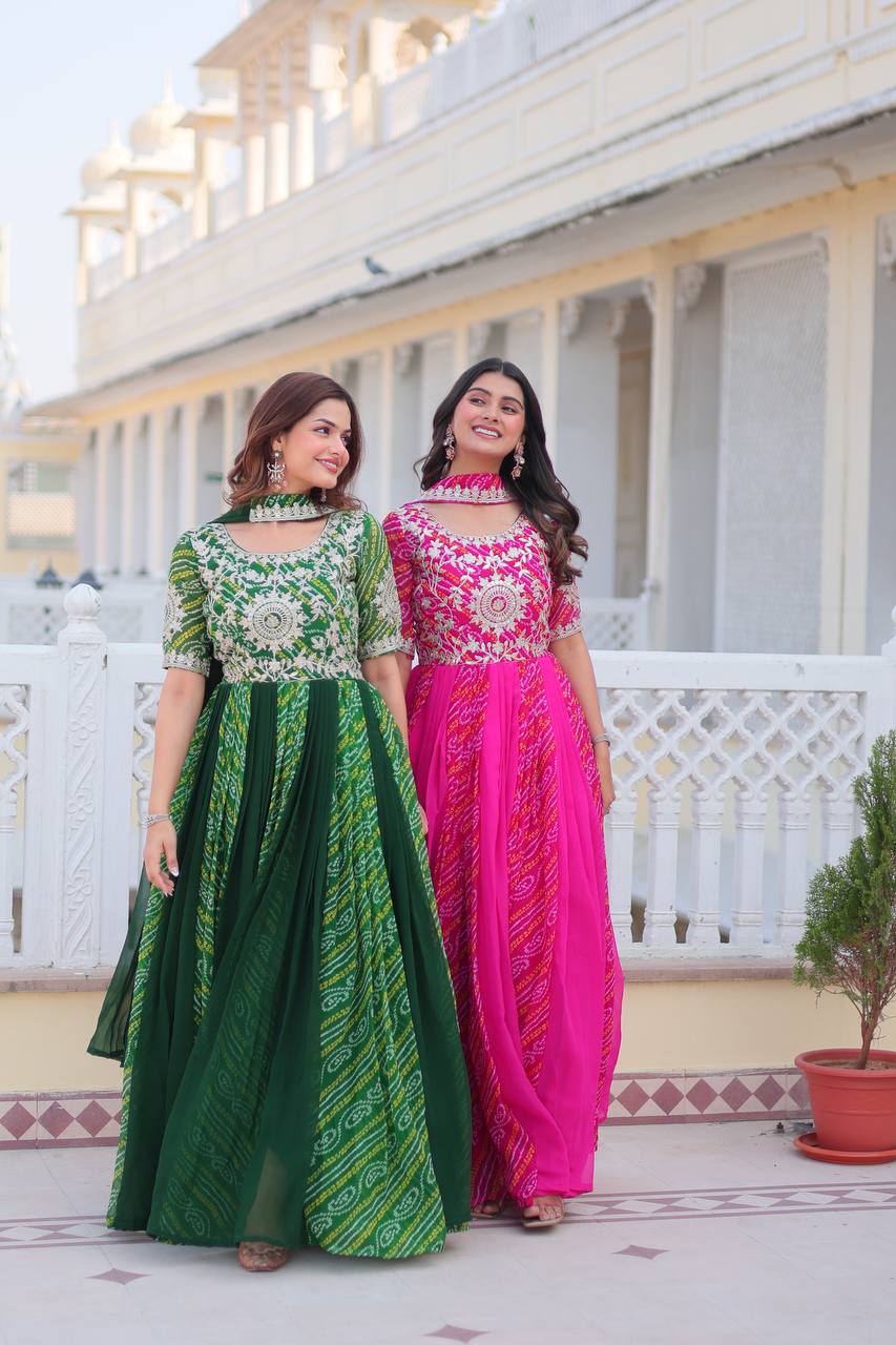 Pure Bandhej Faux Georgette Embroidered Gown Set With Dupatta - ETHNICDEAL