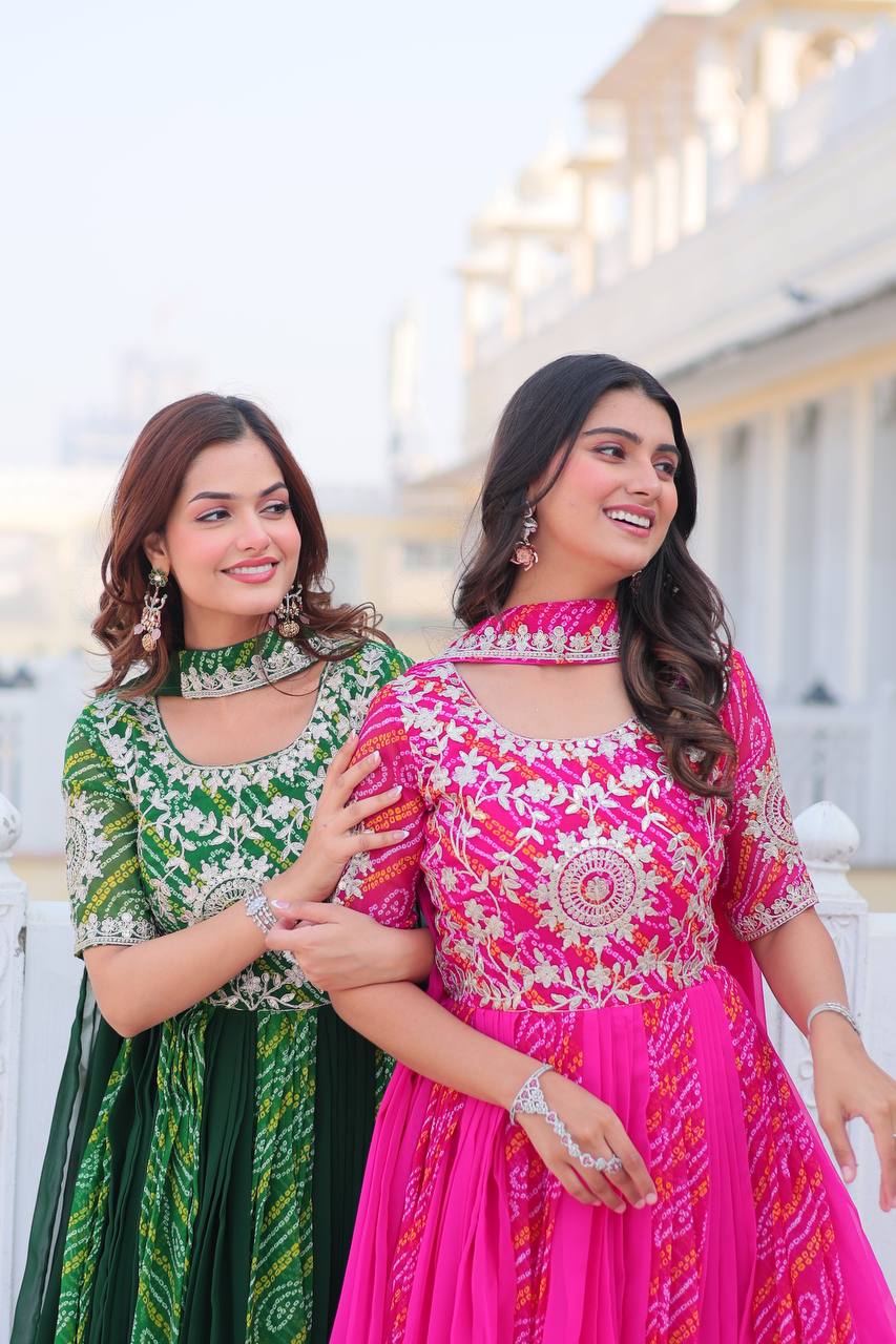 Pure Bandhej Faux Georgette Embroidered Gown Set With Dupatta - ETHNICDEAL