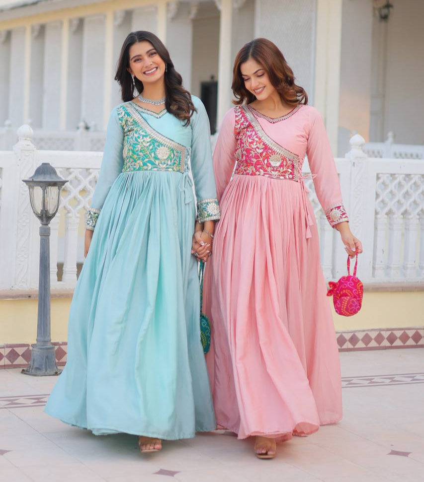 Pure Chinon & Bandhej Gown Set With Jacket and Hand Purse - ETHNICDEAL