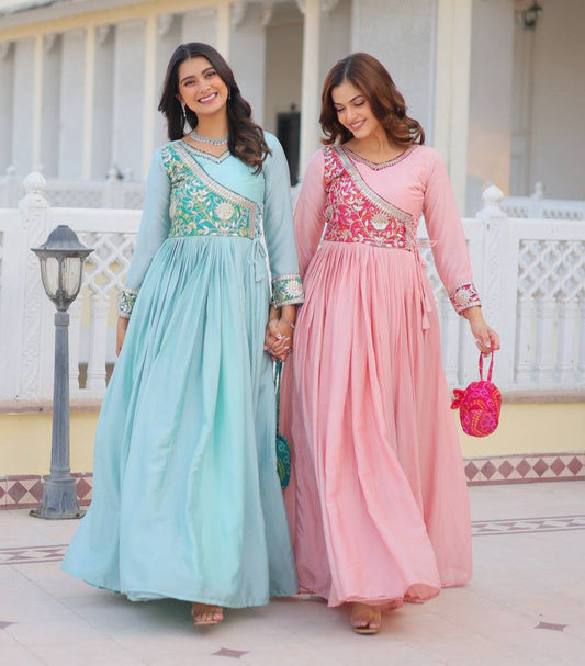 Pure Chinon & Bandhej Gown Set With Jacket and Hand Purse - ETHNICDEAL