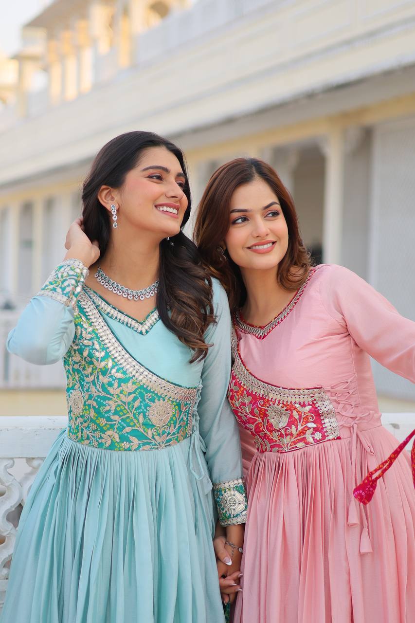 Pure Chinon & Bandhej Gown Set With Jacket and Hand Purse - ETHNICDEAL