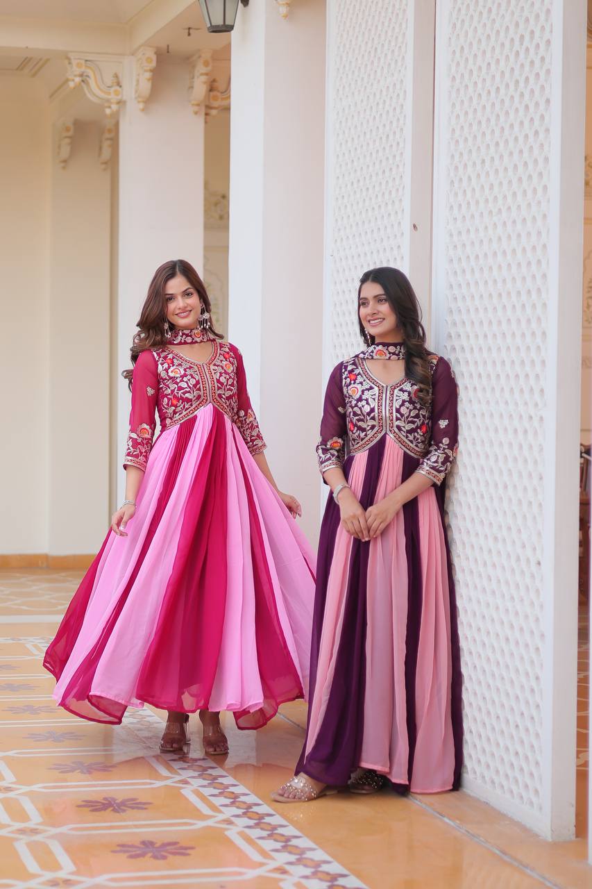 Spectacular Two Tone Faux Georgette Embroidered Gown With Dupatta - ETHNICDEAL